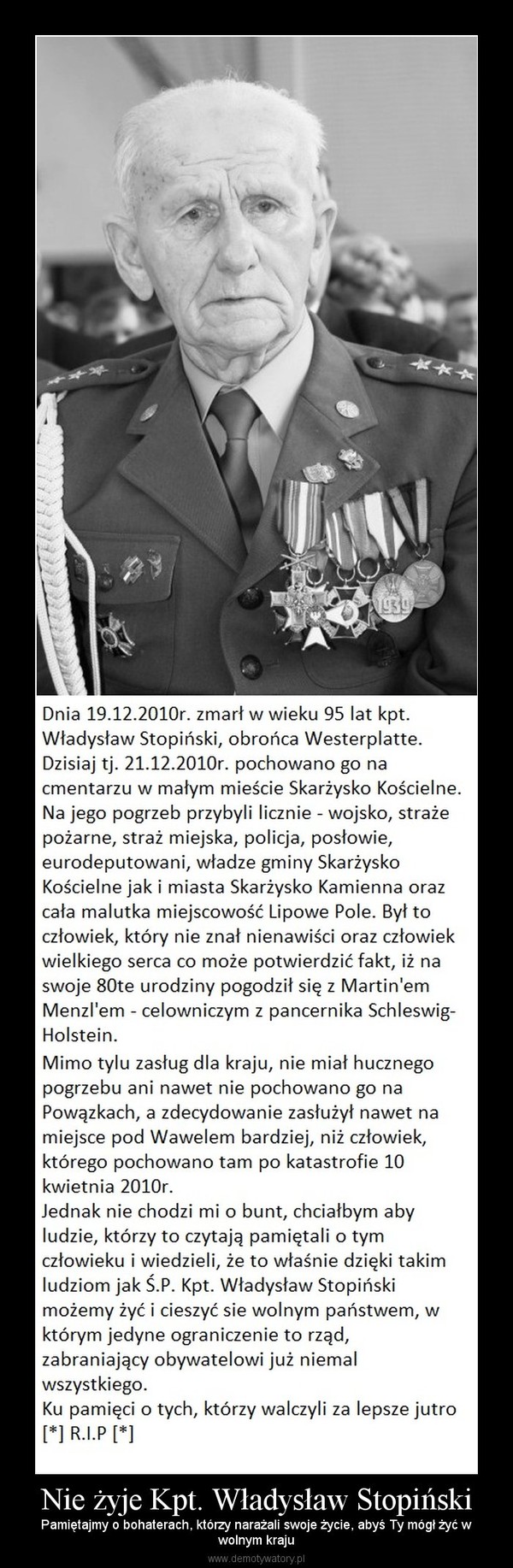 Nie żyje Kpt. Władysław Stopiński – Pamiętajmy o bohaterach, którzy narażali swoje życie, abyś Ty mógł żyć wwolnym kraju 