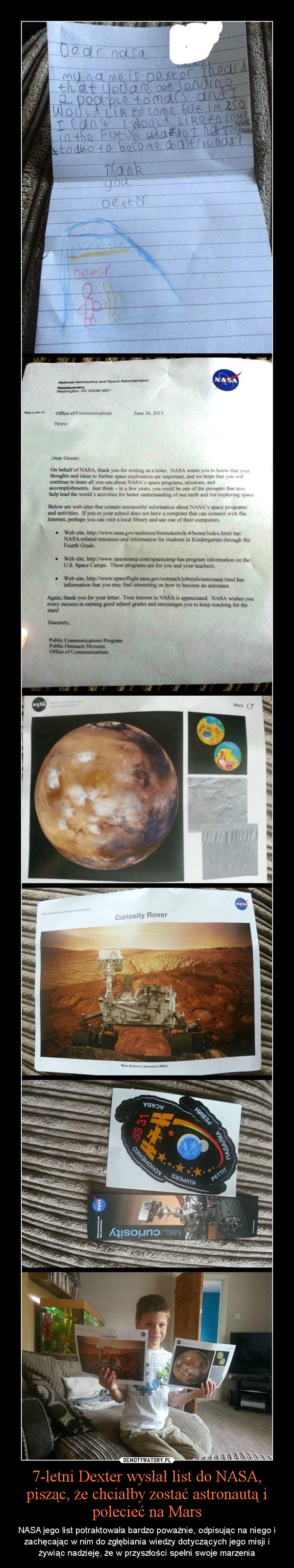 7-letni Dexter wysłał list do NASA, pisząc, że chciałby zostać astronautą i polecieć na Mars