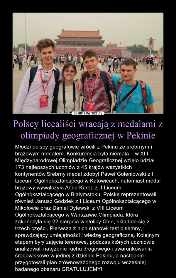 Polscy licealiści wracają z medalami z olimpiady geograficznej w Pekinie