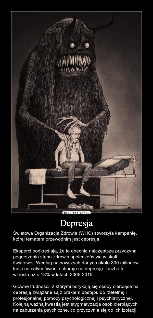 Depresja – Światowa Organizacja Zdrowia (WHO) stworzyła kampanię, której tematem przewodnim jest depresja. Eksperci podkreślają, że to obecnie najczęstsza przyczyna pogorszenia stanu zdrowia społeczeństwa w skali światowej. Według najnowszych danych około 300 milionów ludzi na całym świecie choruje na depresję. Liczba ta wzrosła aż o 18% w latach 2005-2015. Główne trudności, z którymi borykają się osoby cierpiące na depresję związane są z brakiem dostępu do rzetelnej i profesjonalnej pomocy psychologicznej i psychiatrycznej. Kolejną ważną kwestią jest stygmatyzacja osób cierpiących na zaburzenia psychiczne, co przyczynia się do ich izolacji 