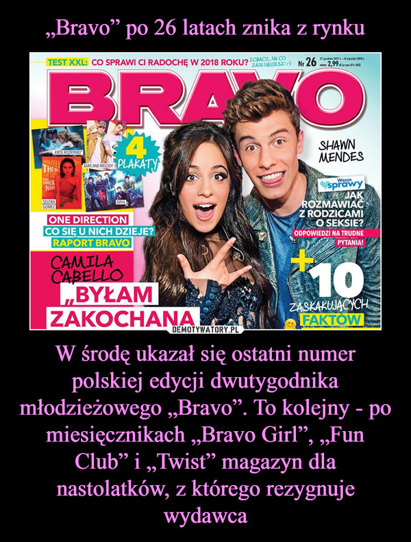 W środę ukazał się ostatni numer polskiej edycji dwutygodnika młodzieżowego „Bravo”. To kolejny - po miesięcznikach „Bravo Girl”, „Fun Club” i „Twist” magazyn dla nastolatków, z którego rezygnuje wydawca –  