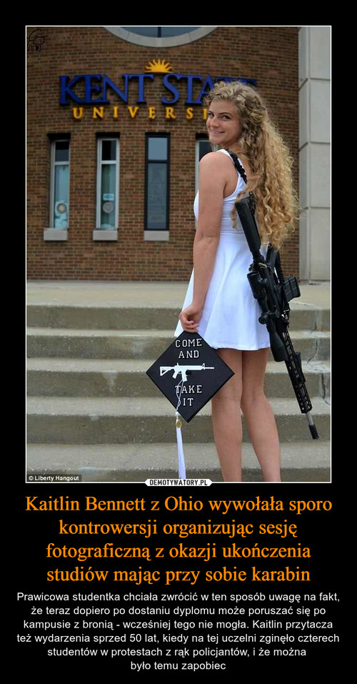 Kaitlin Bennett z Ohio wywołała sporo kontrowersji organizując sesję fotograficzną z okazji ukończenia studiów mając przy sobie karabin