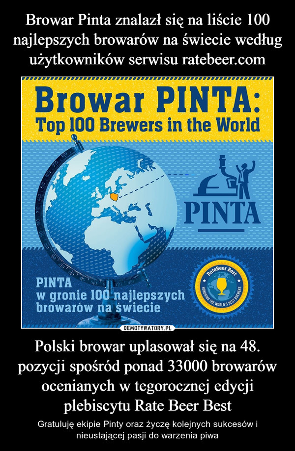 Polski browar uplasował się na 48. pozycji spośród ponad 33000 browarów ocenianych w tegorocznej edycji plebiscytu Rate Beer Best – Gratuluję ekipie Pinty oraz życzę kolejnych sukcesów i nieustającej pasji do warzenia piwa 