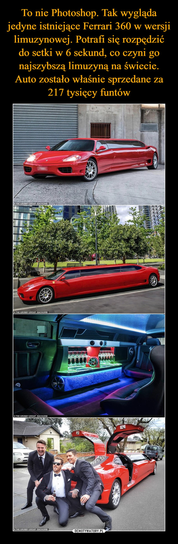 To nie Photoshop. Tak wygląda jedyne istniejące Ferrari 360 w wersji limuzynowej. Potrafi się rozpędzić do setki w 6 sekund, co czyni go najszybszą limuzyną na świecie. Auto zostało właśnie sprzedane za 217 tysięcy funtów