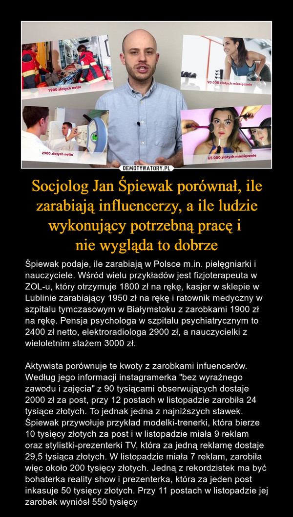 Socjolog Jan Śpiewak porównał, ile zarabiają influencerzy, a ile ludzie wykonujący potrzebną pracę i 
nie wygląda to dobrze