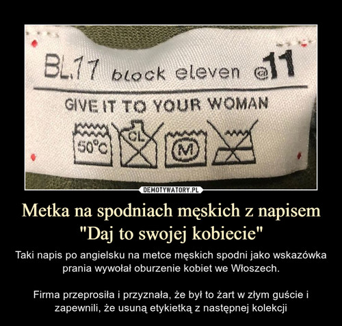 Metka na spodniach męskich z napisem "Daj to swojej kobiecie"