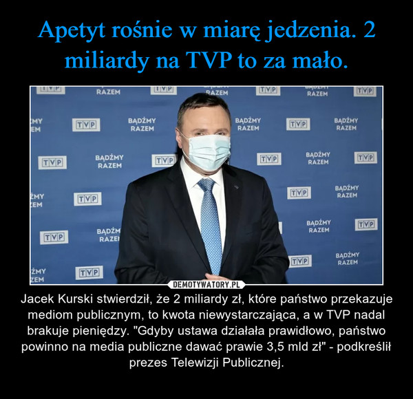  – Jacek Kurski stwierdził, że 2 miliardy zł, które państwo przekazuje mediom publicznym, to kwota niewystarczająca, a w TVP nadal brakuje pieniędzy. "Gdyby ustawa działała prawidłowo, państwo powinno na media publiczne dawać prawie 3,5 mld zł" - podkreślił prezes Telewizji Publicznej. 