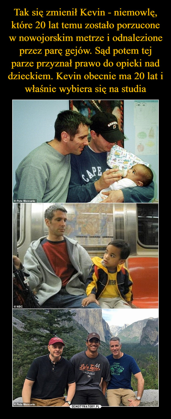 Tak się zmienił Kevin - niemowlę, które 20 lat temu zostało porzucone w nowojorskim metrze i odnalezione przez parę gejów. Sąd potem tej parze przyznał prawo do opieki nad dzieckiem. Kevin obecnie ma 20 lat i właśnie wybiera się na studia