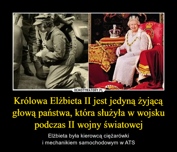 Królowa Elżbieta II jest jedyną żyjącą głową państwa, która służyła w wojsku podczas II wojny światowej – Elżbieta była kierowcą ciężarówkii mechanikiem samochodowym w ATS 