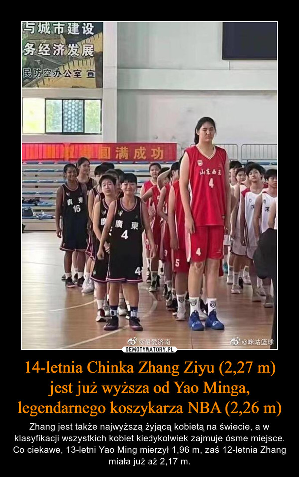14-letnia Chinka Zhang Ziyu (2,27 m) jest już wyższa od Yao Minga, legendarnego koszykarza NBA (2,26 m) – Zhang jest także najwyższą żyjącą kobietą na świecie, a w klasyfikacji wszystkich kobiet kiedykolwiek zajmuje ósme miejsce. Co ciekawe, 13-letni Yao Ming mierzył 1,96 m, zaś 12-letnia Zhang miała już aż 2,17 m. 