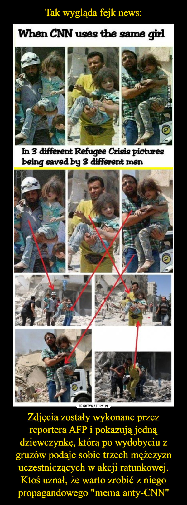 Zdjęcia zostały wykonane przez reportera AFP i pokazują jedną dziewczynkę, którą po wydobyciu z gruzów podaje sobie trzech mężczyzn uczestniczących w akcji ratunkowej. Ktoś uznał, że warto zrobić z niego propagandowego "mema anty-CNN" –  