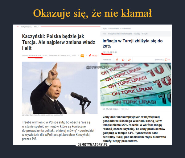  –  — WIADOMOŚCI KRAJ Rynki • Gospodarka • Wiadomo. Kaczyński: Polska będzie jak Turcja. Ale najpierw zmiana władz Inflacja w Turcji zbliżyła się do i elit 20% JarostawKaczyliski, lot szt b P.zesa PG Trzeba wymienić w Polsce elity, bo obecne "nie są w stanie spelnić wymogów, które są konieczne do prowadzenia polityki, o której mówię" - powiedzial w wywiadzie dla wPolityce.pl Jaroslaw Kaczyński, prezes PiS. Ceny dóbr konsumpcyjnych w największej gospodarce Bliskiego Wschodu rosną już w tempie niemal 20% rocznie. A wkrótce mogą rosnąć jeszcze szybciej, bo ceny producentów galopują w tempie 44%. Tymczasem bank centralny Turcji pod naciskiem rządu niedawno obniżył stopy procentowe.