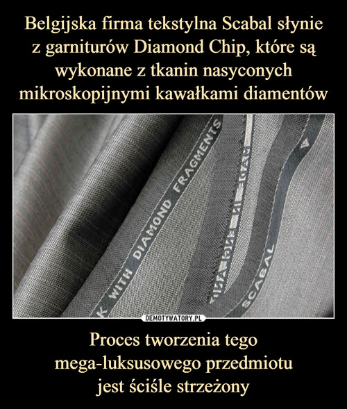 Belgijska firma tekstylna Scabal słynie
z garniturów Diamond Chip, które są wykonane z tkanin nasyconych mikroskopijnymi kawałkami diamentów Proces tworzenia tego mega-luksusowego przedmiotu
jest ściśle strzeżony