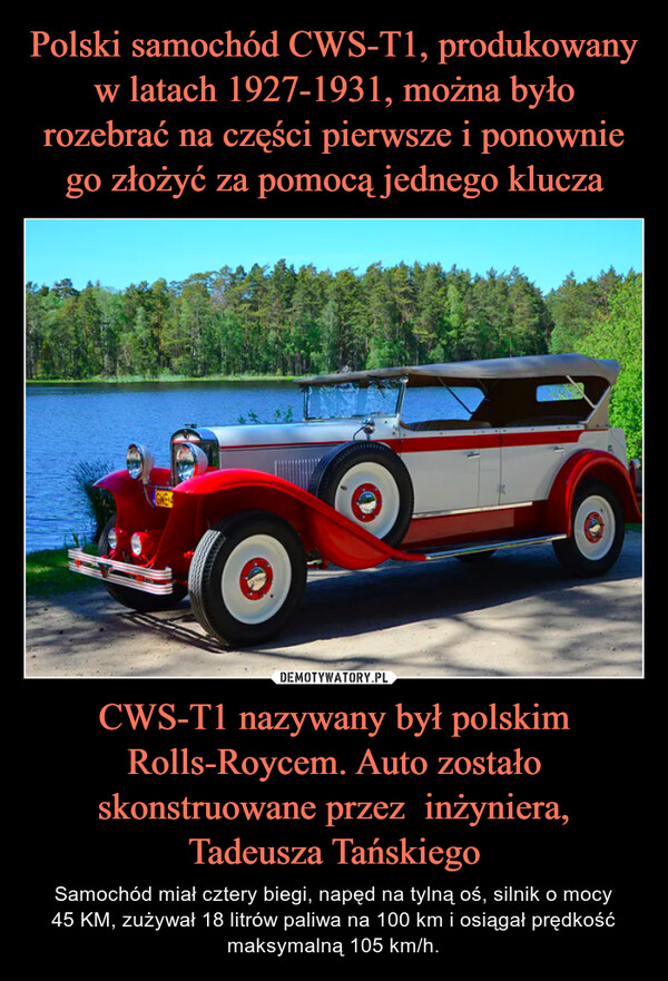 CWS-T1 nazywany był polskim Rolls-Roycem. Auto zostało skonstruowane przez  inżyniera, Tadeusza Tańskiego – Samochód miał cztery biegi, napęd na tylną oś, silnik o mocy45 KM, zużywał 18 litrów paliwa na 100 km i osiągał prędkość maksymalną 105 km/h. 