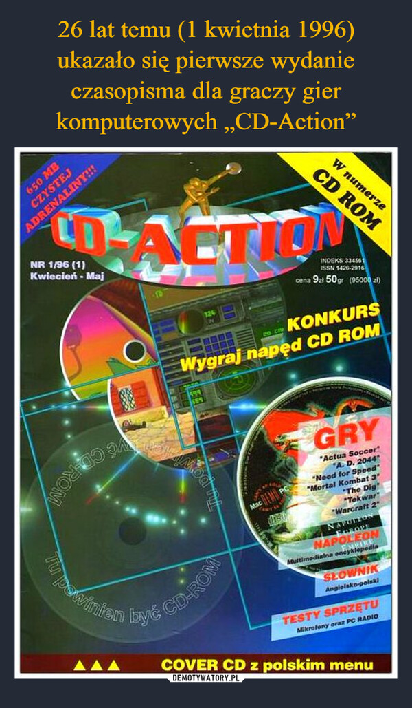 26 lat temu (1 kwietnia 1996) ukazało się pierwsze wydanie czasopisma dla graczy gier komputerowych „CD-Action”