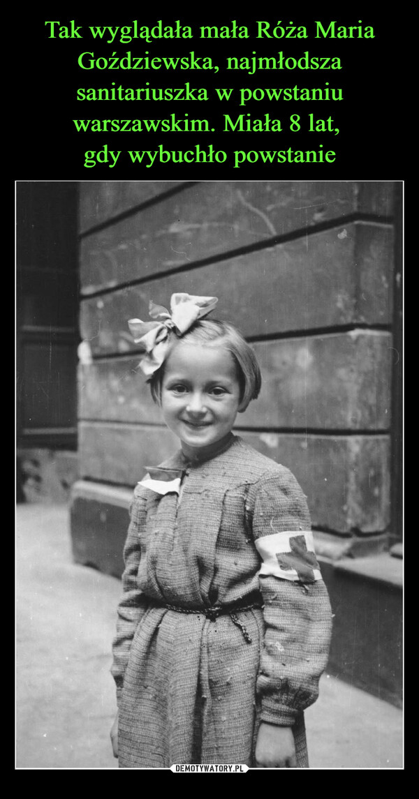 Tak wyglądała mała Róża Maria Goździewska, najmłodsza sanitariuszka w powstaniu warszawskim. Miała 8 lat, 
gdy wybuchło powstanie
