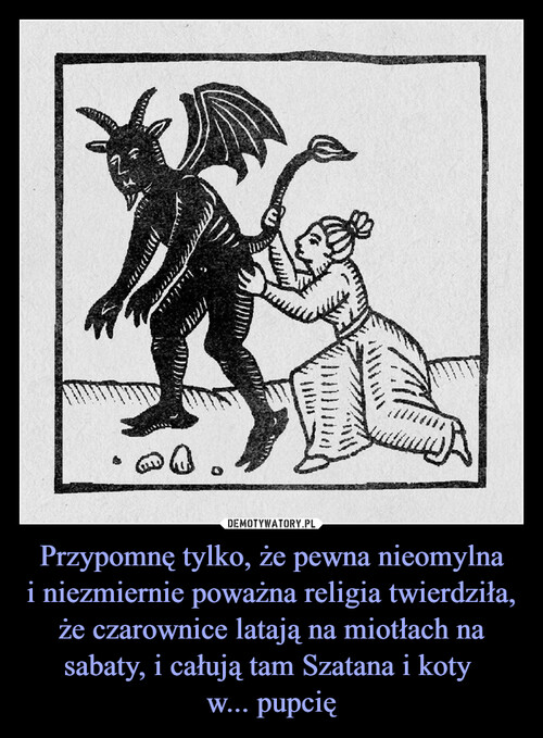 Przypomnę tylko, że pewna nieomylna
i niezmiernie poważna religia twierdziła, że czarownice latają na miotłach na sabaty, i całują tam Szatana i koty 
w... pupcię