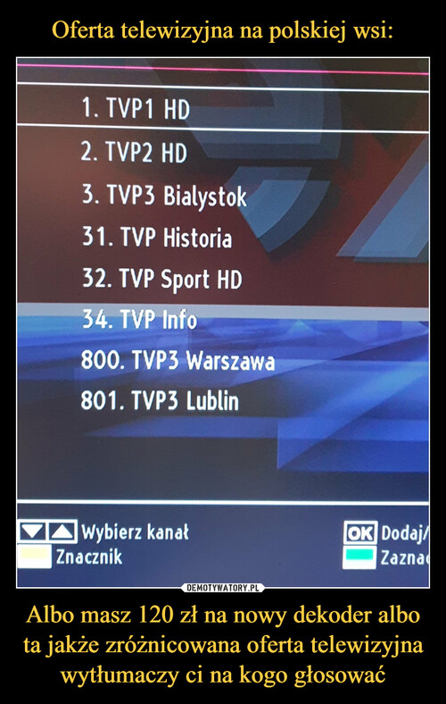 Oferta telewizyjna na polskiej wsi: Albo masz 120 zł na nowy dekoder albo ta jakże zróżnicowana oferta telewizyjna wytłumaczy ci na kogo głosować