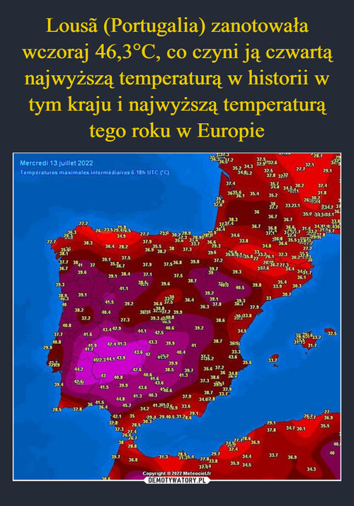 Lousã (Portugalia) zanotowała wczoraj 46,3°C, co czyni ją czwartą najwyższą temperaturą w historii w tym kraju i najwyższą temperaturą tego roku w Europie