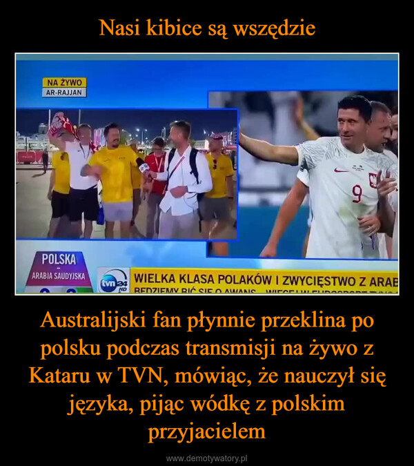 Australijski fan płynnie przeklina po polsku podczas transmisji na żywo z Kataru w TVN, mówiąc, że nauczył się języka, pijąc wódkę z polskim przyjacielem –  