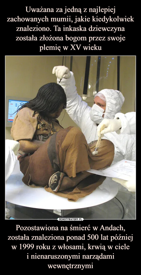 Uważana za jedną z najlepiej zachowanych mumii, jakie kiedykolwiek znaleziono. Ta inkaska dziewczyna została złożona bogom przez swoje plemię w XV wieku Pozostawiona na śmierć w Andach, została znaleziona ponad 500 lat później w 1999 roku z włosami, krwią w ciele
i nienaruszonymi narządami wewnętrznymi