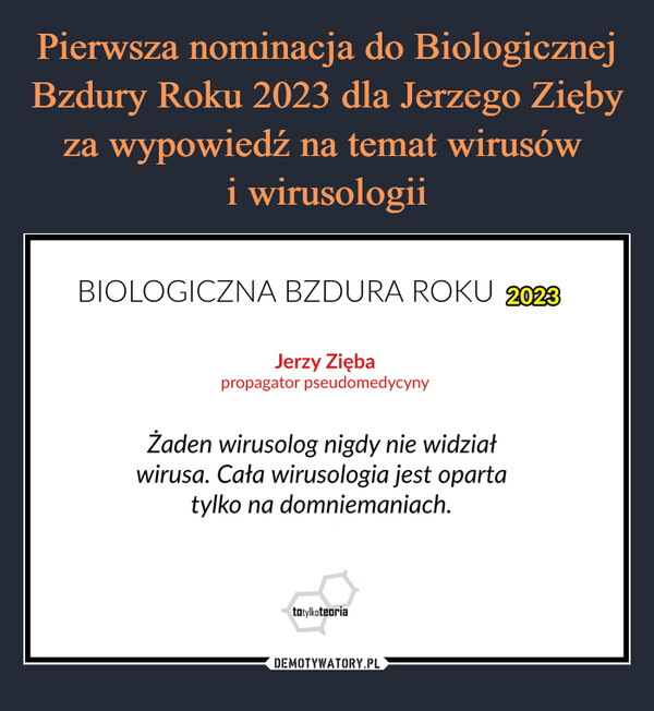 Pierwsza nominacja do Biologicznej Bzdury Roku 2023 dla Jerzego Zięby za wypowiedź na temat wirusów 
i wirusologii