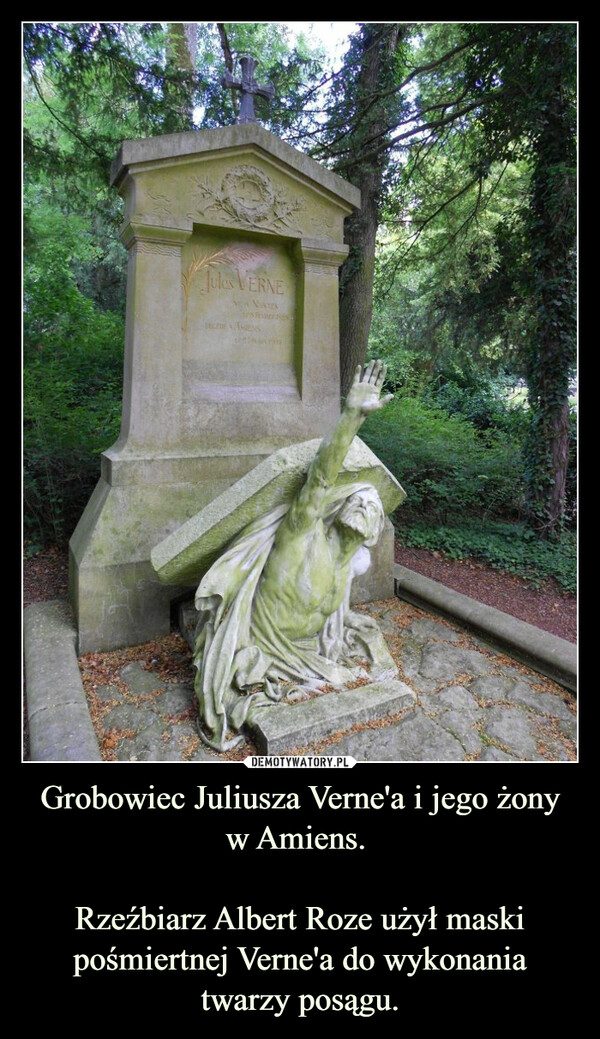 Grobowiec Juliusza Verne'a i jego żony w Amiens. Rzeźbiarz Albert Roze użył maski pośmiertnej Verne'a do wykonania twarzy posągu. –  Jules VERNEP