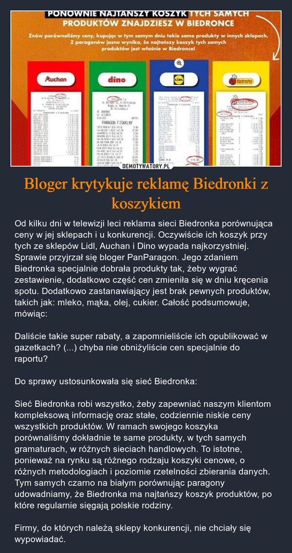 Bloger krytykuje reklamę Biedronki z koszykiem