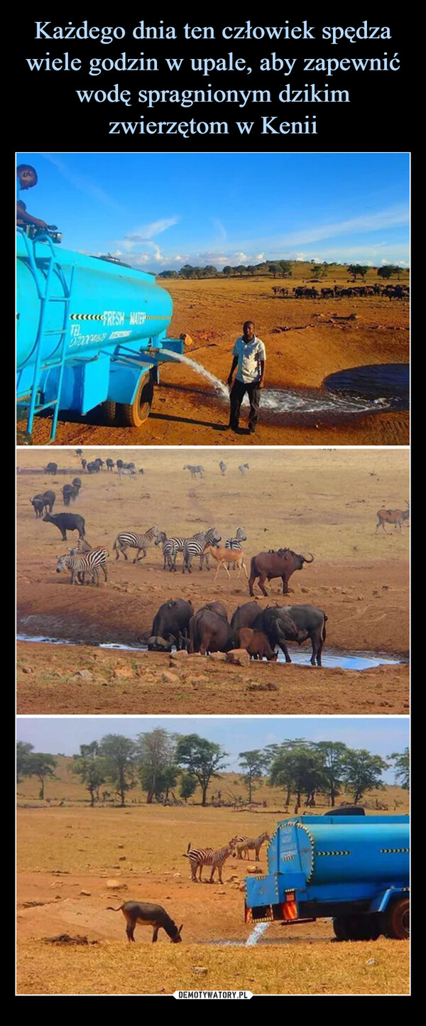 Każdego dnia ten człowiek spędza wiele godzin w upale, aby zapewnić wodę spragnionym dzikim zwierzętom w Kenii