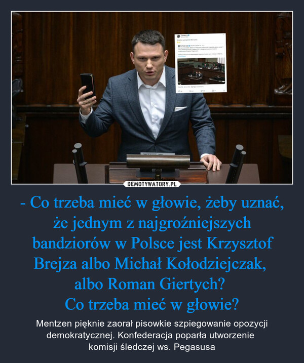 - Co trzeba mieć w głowie, żeby uznać, że jednym z najgroźniejszych bandziorów w Polsce jest Krzysztof Brejza albo Michał Kołodziejczak, 
albo Roman Giertych? 
Co trzeba mieć w głowie?