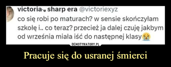 Pracuje się do usranej śmierci –  victoria sharp era @victoriexyzco się robi po maturach? w sensie skończyłamszkołę i.. co teraz? przecież ja dalej czuję jakbymod września miała iść do następnej klasy